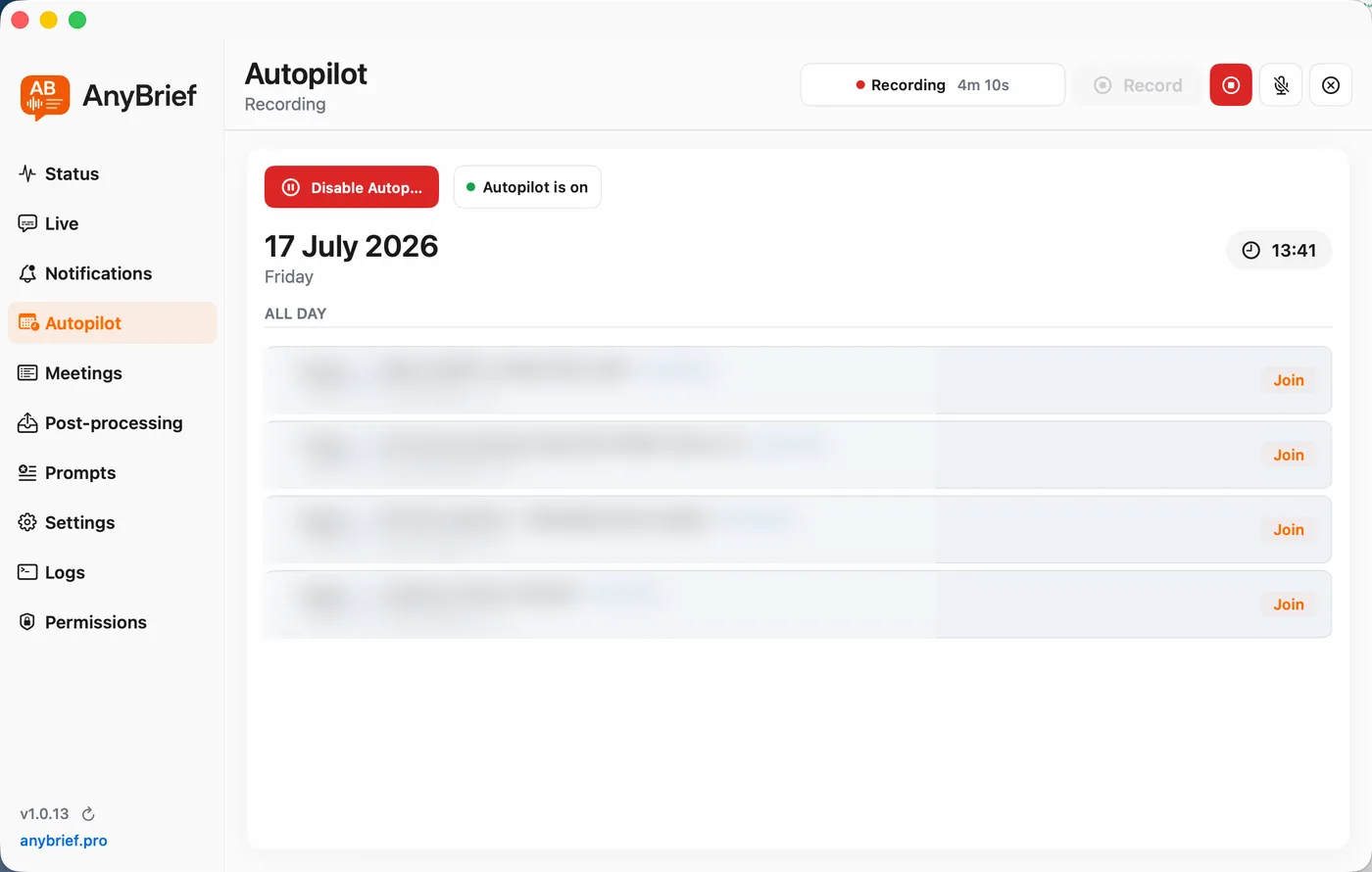 Экран Autopilot в AnyBrief: расписание встреч на сегодня с кнопкой Join