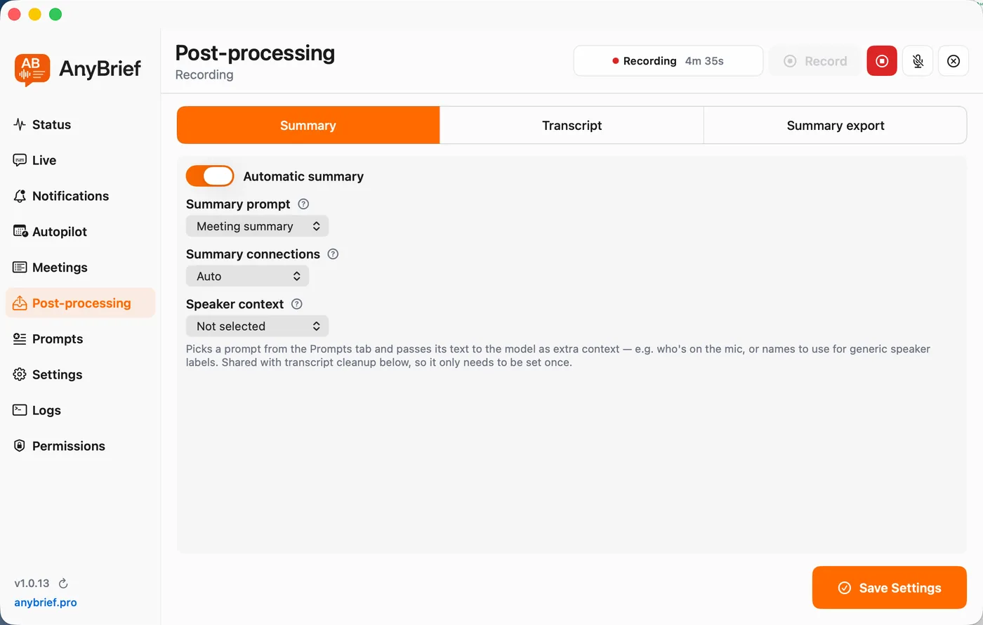 Экран Post-processing в AnyBrief: настройки автоматического summary