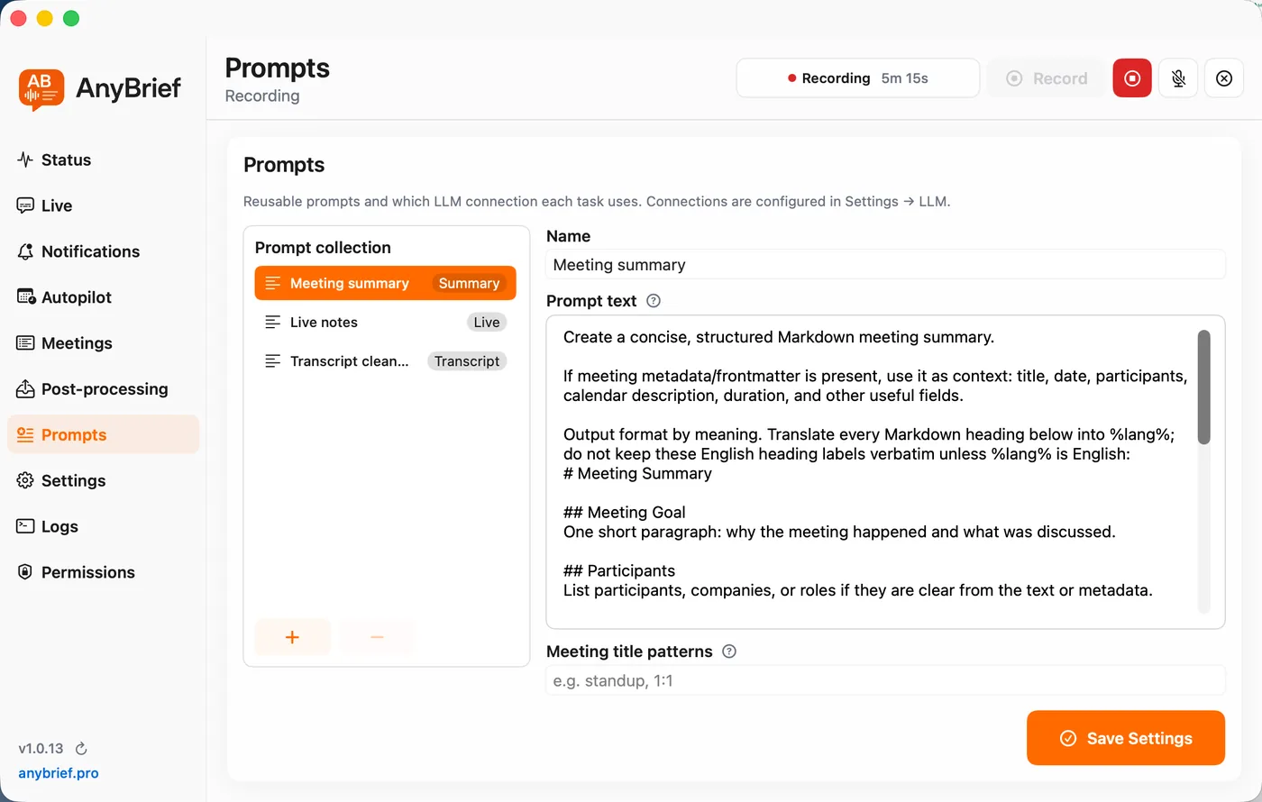 Экран Prompts в AnyBrief: библиотека промптов для summary, Live и очистки транскрипта